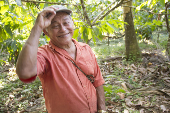 Cocoa farmer Mario Isabel Taicigue on his farm near Rio San Juan. He first started growing cocoa in 2007. "It has been a big help for our income," he says.