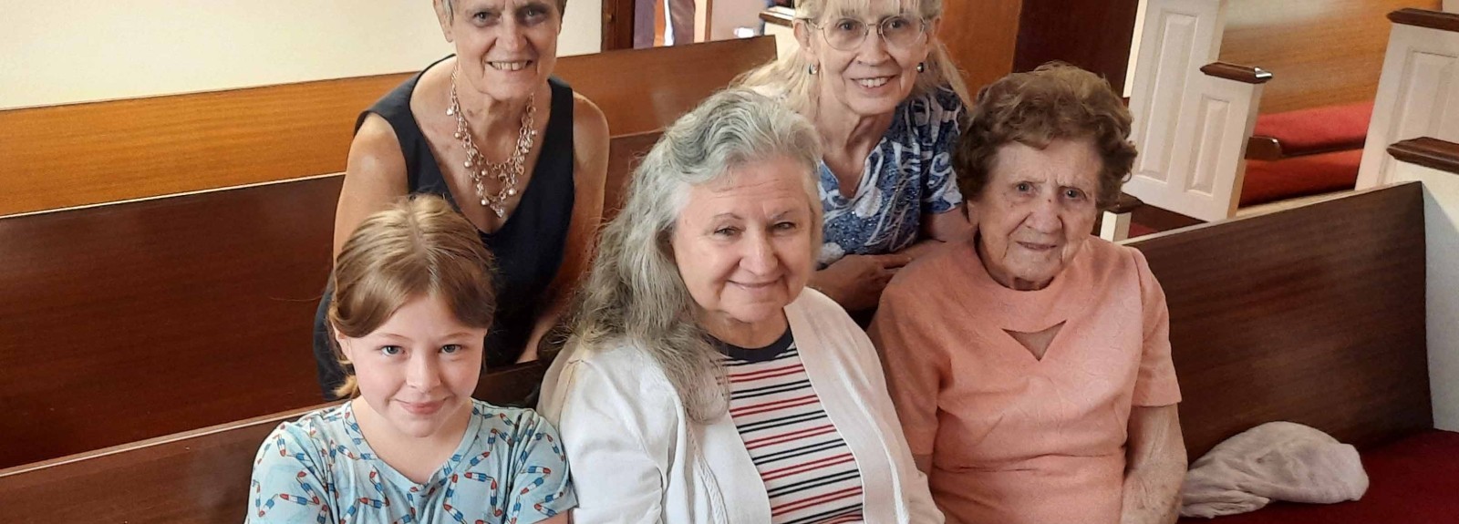 Four generations of quilters. Front row: Rose Segaline, Sharon Golladay and Nina Golladay. Back row: Sarah Bradfield and Kathy Runion. 