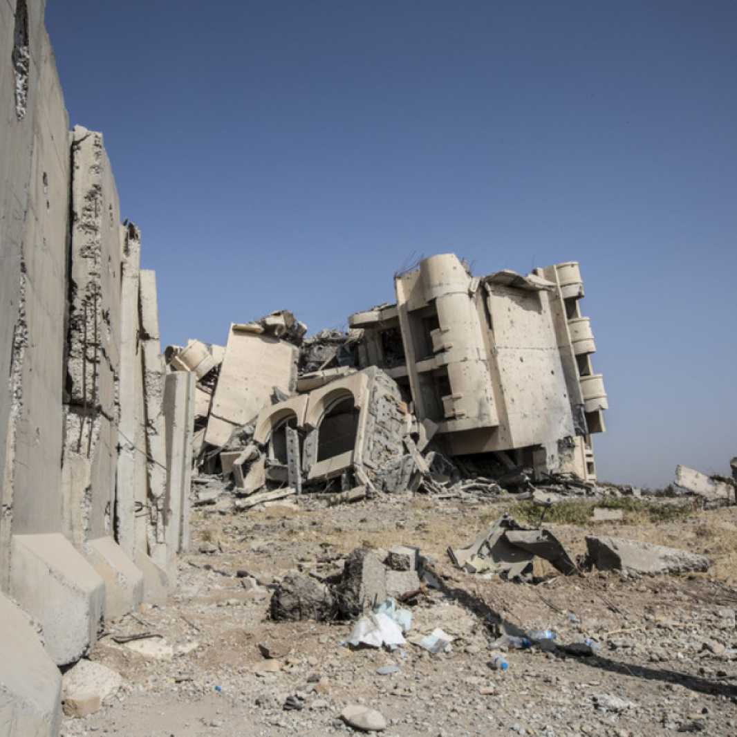 A former hospital that stood on the banks of the Tigris River in West Mosul.