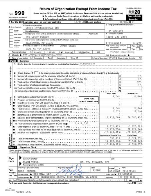 Corus Finance Form 990 FY21