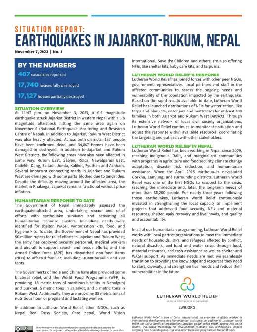 Situation Report No. 1: Earthquakes in Jajarkot-Rukum, Nepal