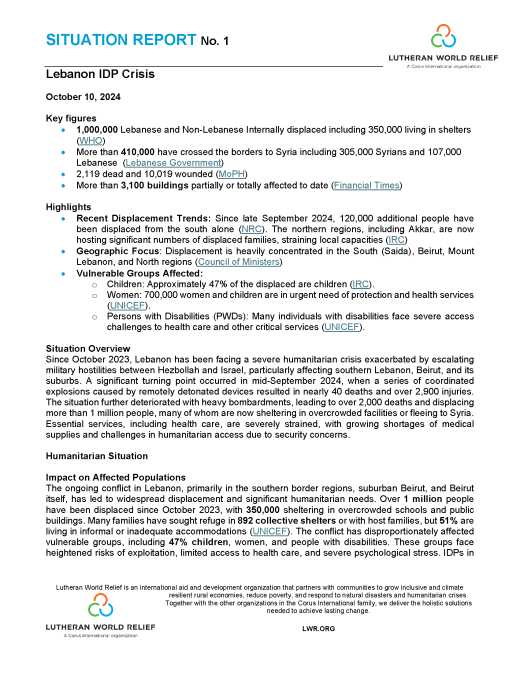 Lebanon IDP Crisis Situation Report No. 1