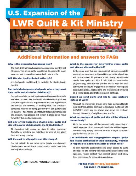 U.S. Expansion of the LWR Quilt & Kit Ministry